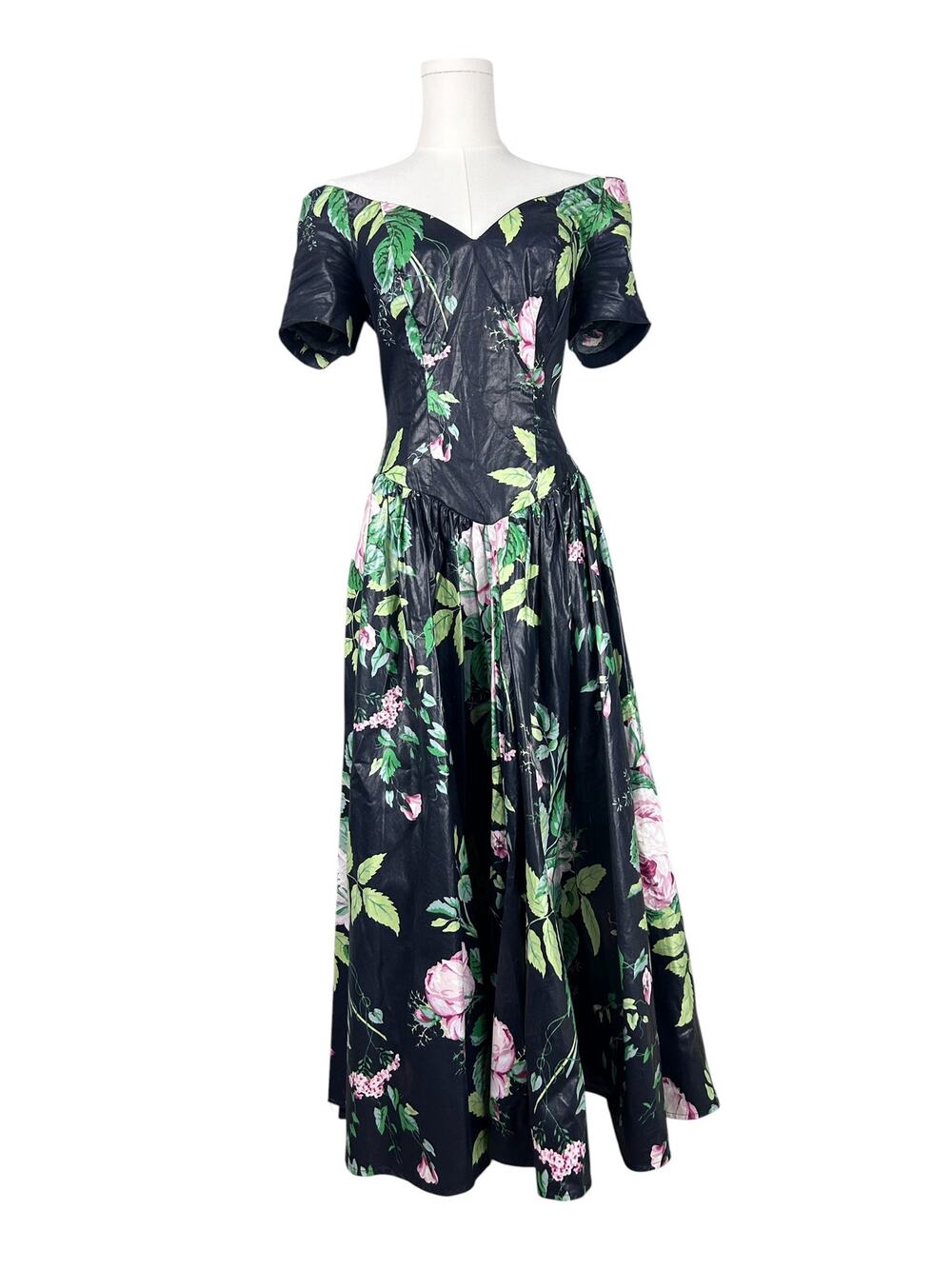 Vintage 80s Expo Cotton Dark Floral Printed Off Shoulder Fit Flare Tea Dresss 6